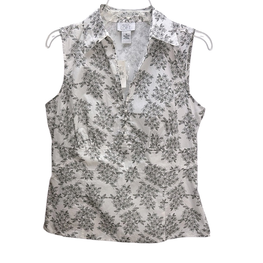 Ann Taylor Loft Sleeveless Floral Print Top 10 Poplin Cotton Black & White
